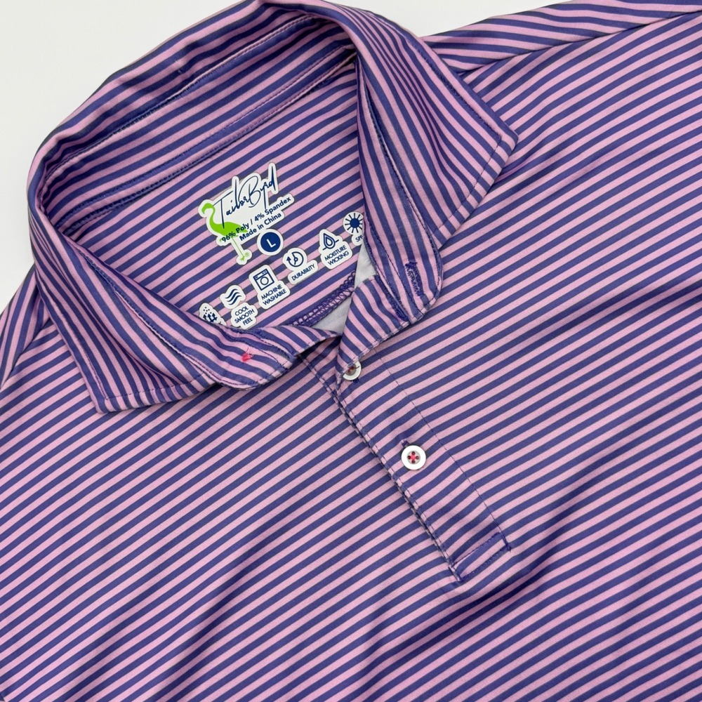 TailorByrd Mens Purple Striped Performance Polo‎ Shirt Large SPF 30 Golf Top